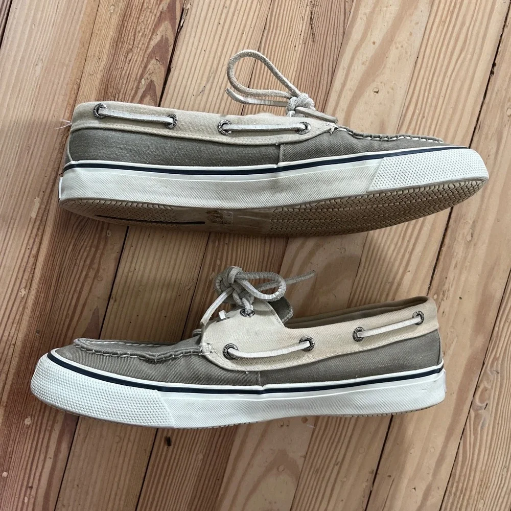 Sperry Top-Sider Bahama Boat Shoes Men 10 Olive Green Beige Canvas Casual Loafer
